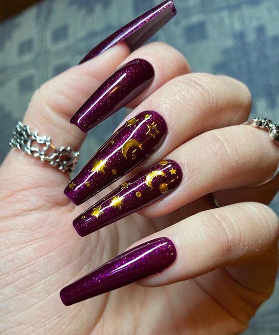 Gold and Purple Stilleto Nails