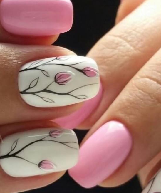 Hot Pink Nails With Flower Design