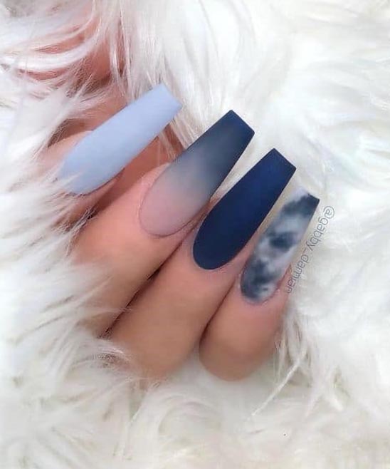 Nails With Black Tips and Blue Designs
