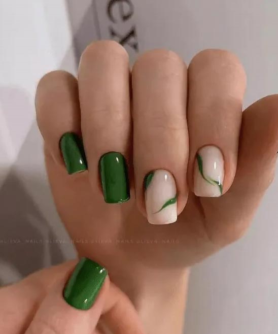 Olive Green and White Nails