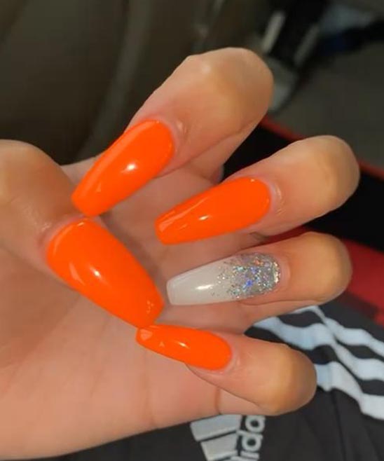 Orange Coffin Shape Nails