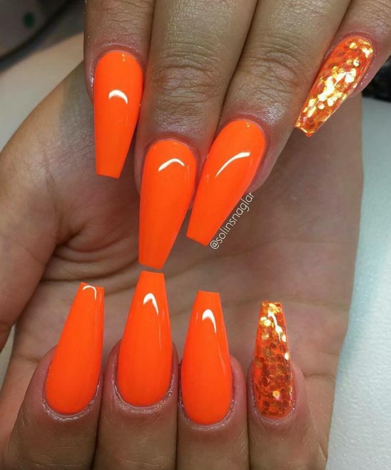 Orange Coffin Shaped Nails