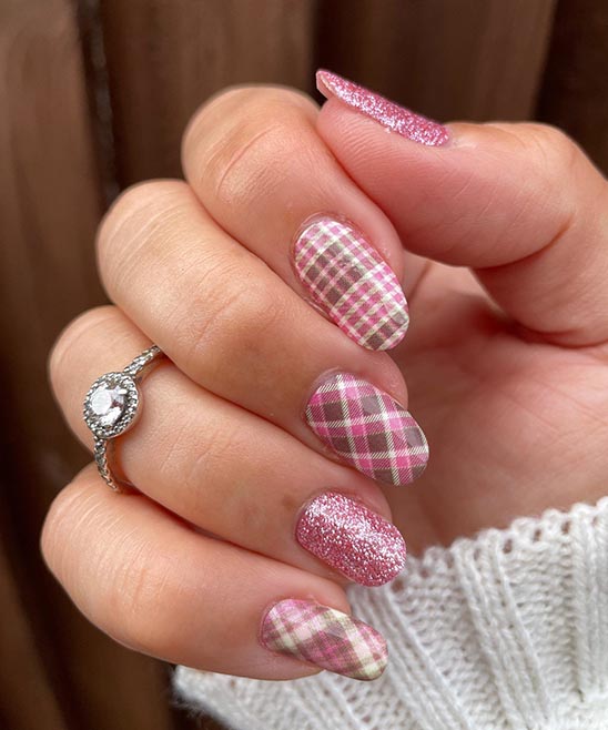 Pink and Grey Plaid Nails