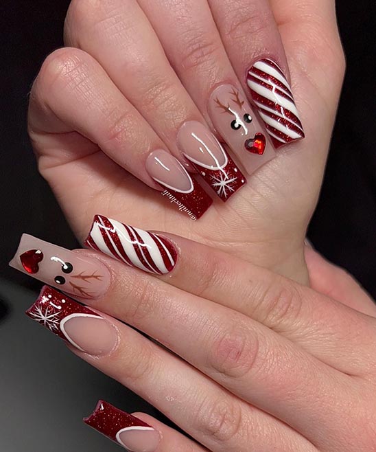 Red and White Christmas Nails Coffin