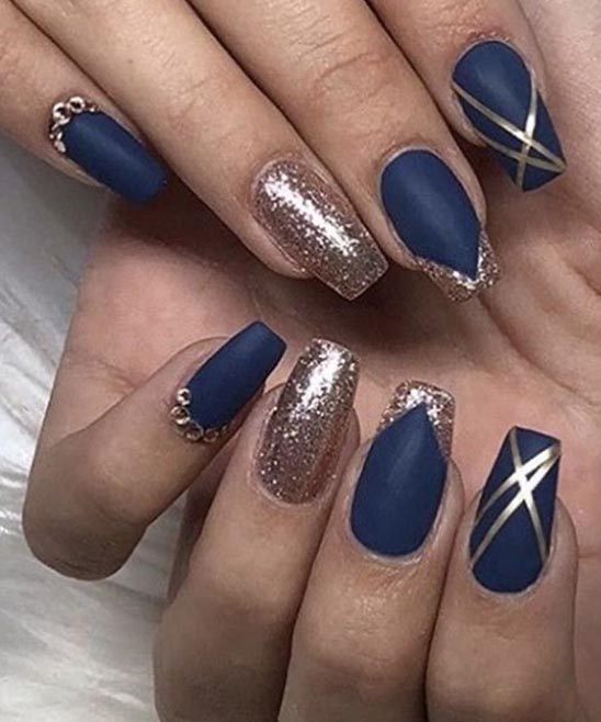 Royal Blue White and Gold Nails