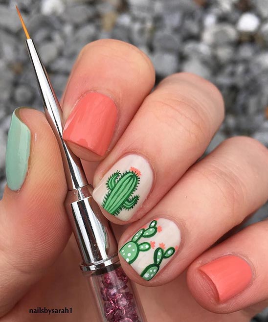Turquise Nails With Cactus on Thumb Nail Art