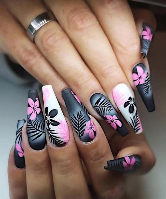 White Coffin Nails With Black Design