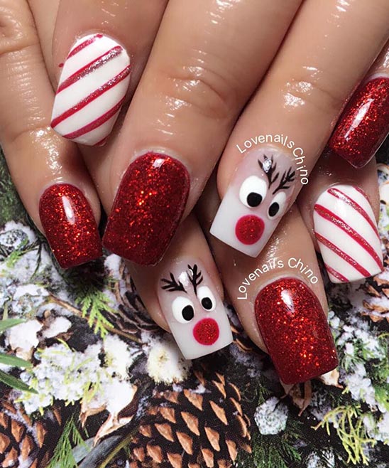 White Nails With Reindeer