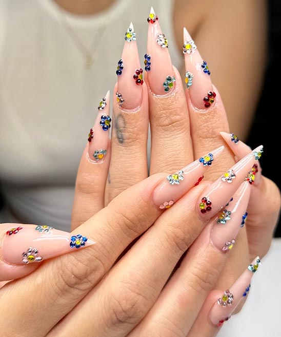 White Nails With Rhinestones