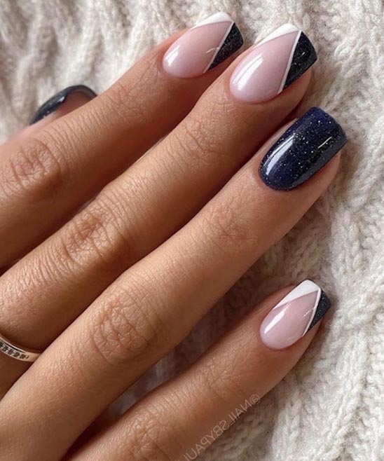 Dark Blue Coffin Nails Short With Marble Design for Summer